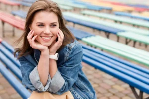smiley woman bench 23 2148574708
