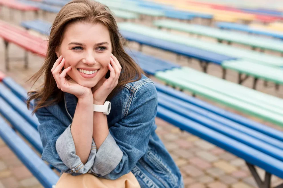 smiley woman bench 23 2148574708